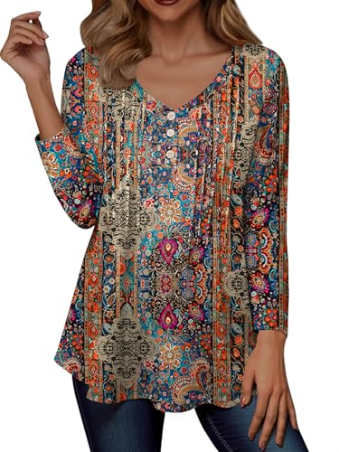 Zeagoo Womens Long Sleeve Tops V-Neck Loose Fit Shirts Pleated